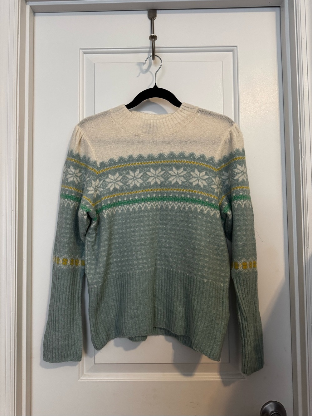 J Crew Crewneck Fair Isle Puff-Sleeve Sweater in Cream and Sage